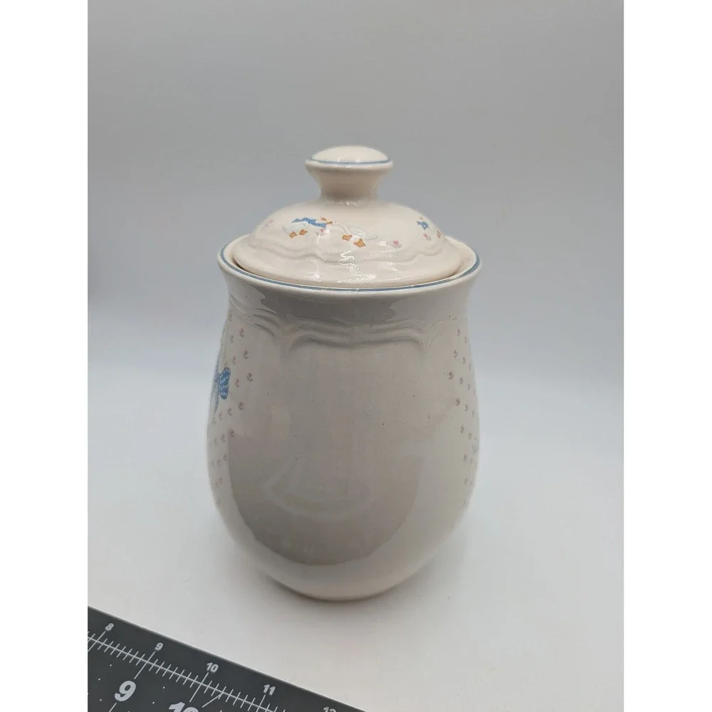 Tienshan Aunt Rhody Stoneware Canister Cream Blue Goose Bow Farmhouse 8 Inch